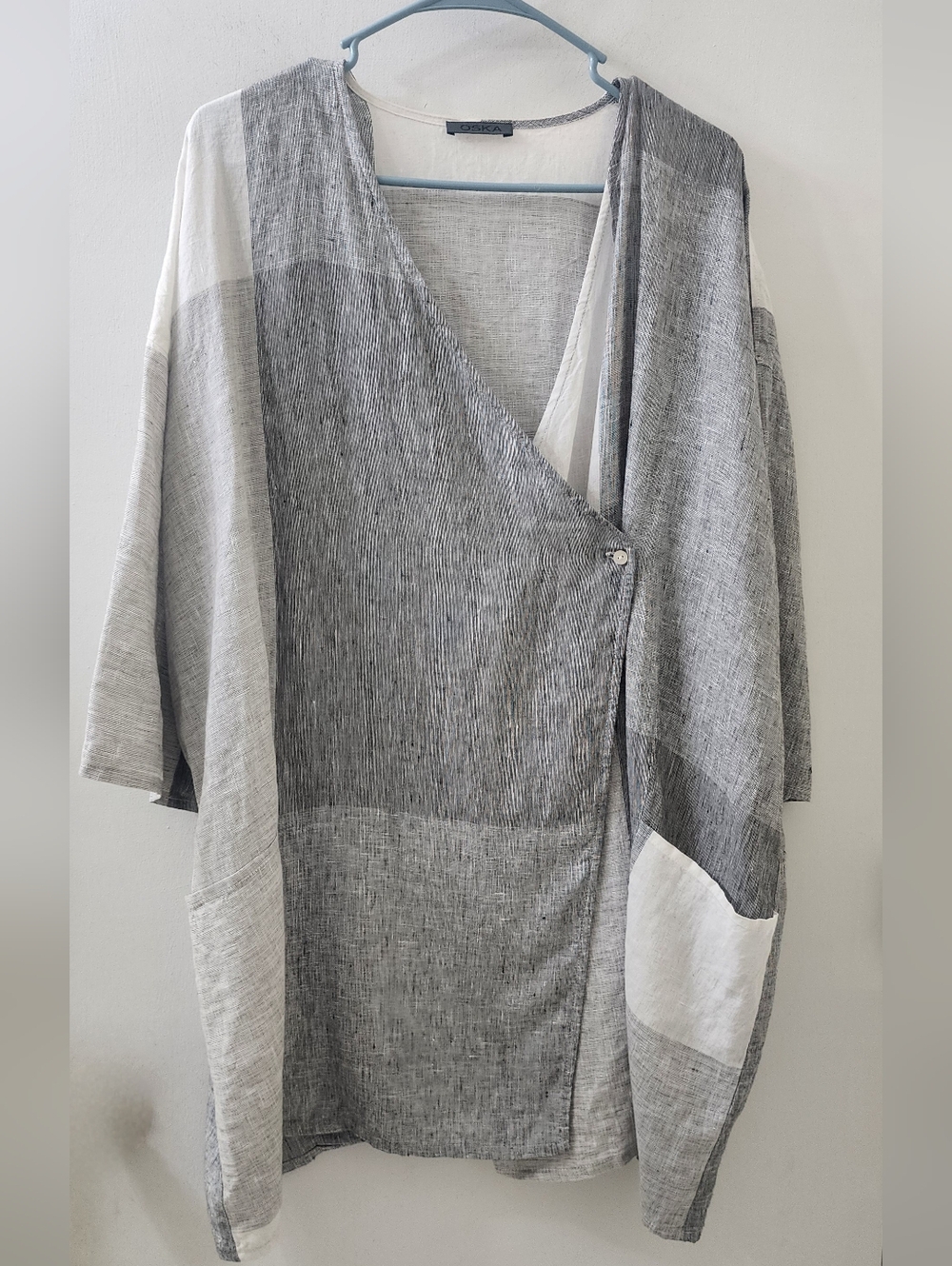 OSKA Grey White Colorblock Linen Wrap Cardigan Jacket Oversized Lagenlook